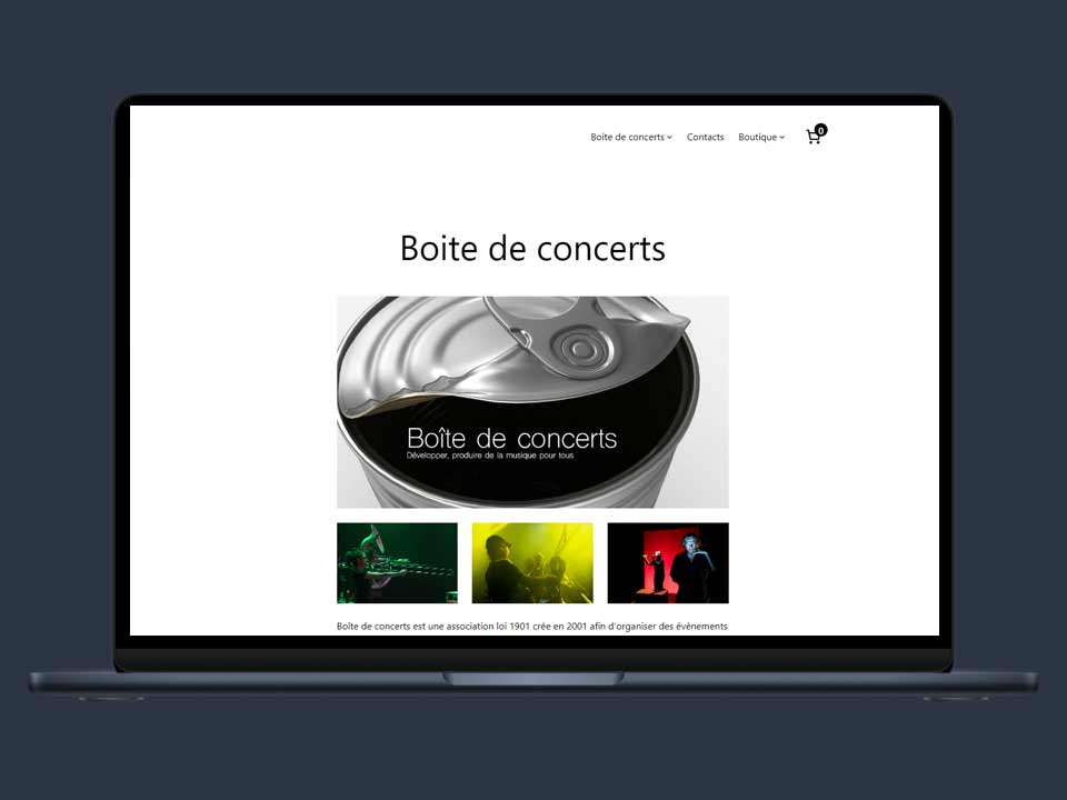 Aperçu du site Boîte de concerts 11 présenté sur un ordinateur portable