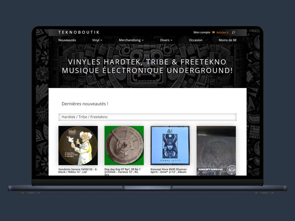 Aperçu de la boutique musicale Teknoboutik présenté sur un ordinateur portable
